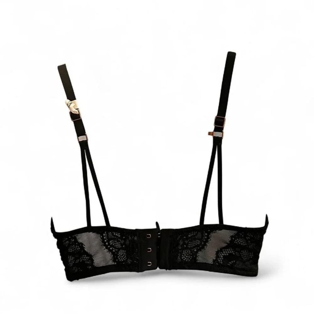 Aerie Black Lace Strappy Back Bra 34C Padded Underwire